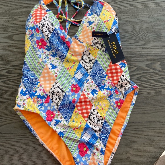 Polo Ralph Lauren Patchwork Plunge Neck One Piece Swimsuit - Picture 2 of 13